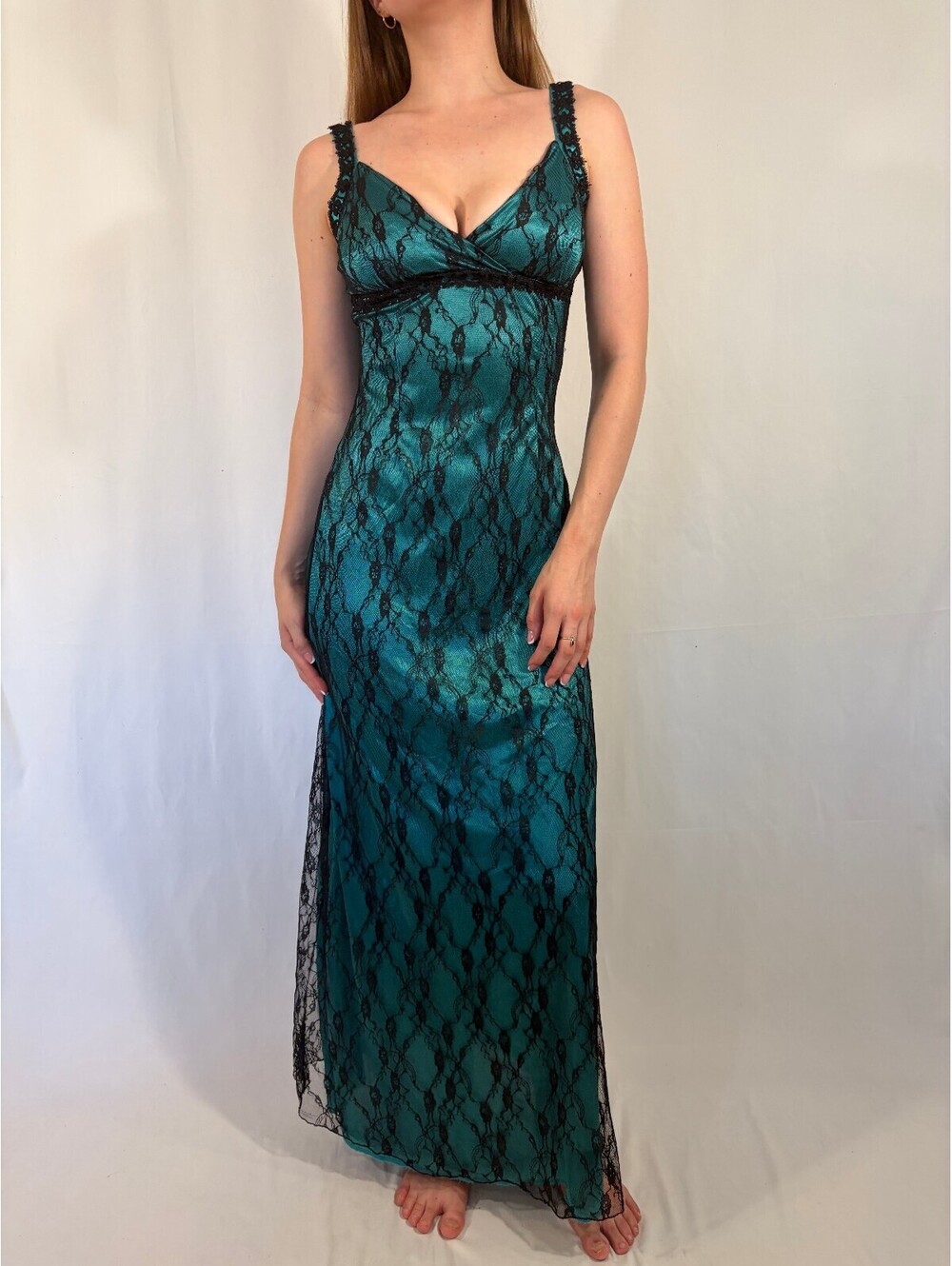 Turquoise Lace Overlay Gothic Maxi V Neck Dress